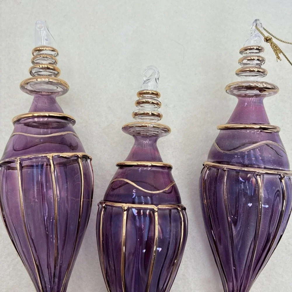 Purple Hand Blown Glass Ornaments Gold Filigree Teardrop Finial Set of 3 6